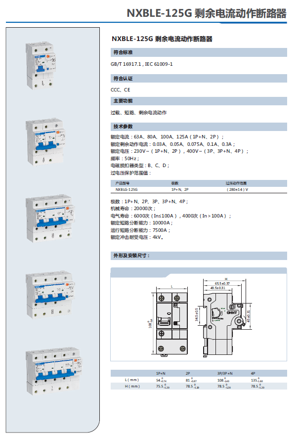 NXBLE-125G剩余電流動(dòng)作斷路器選型手冊(cè)